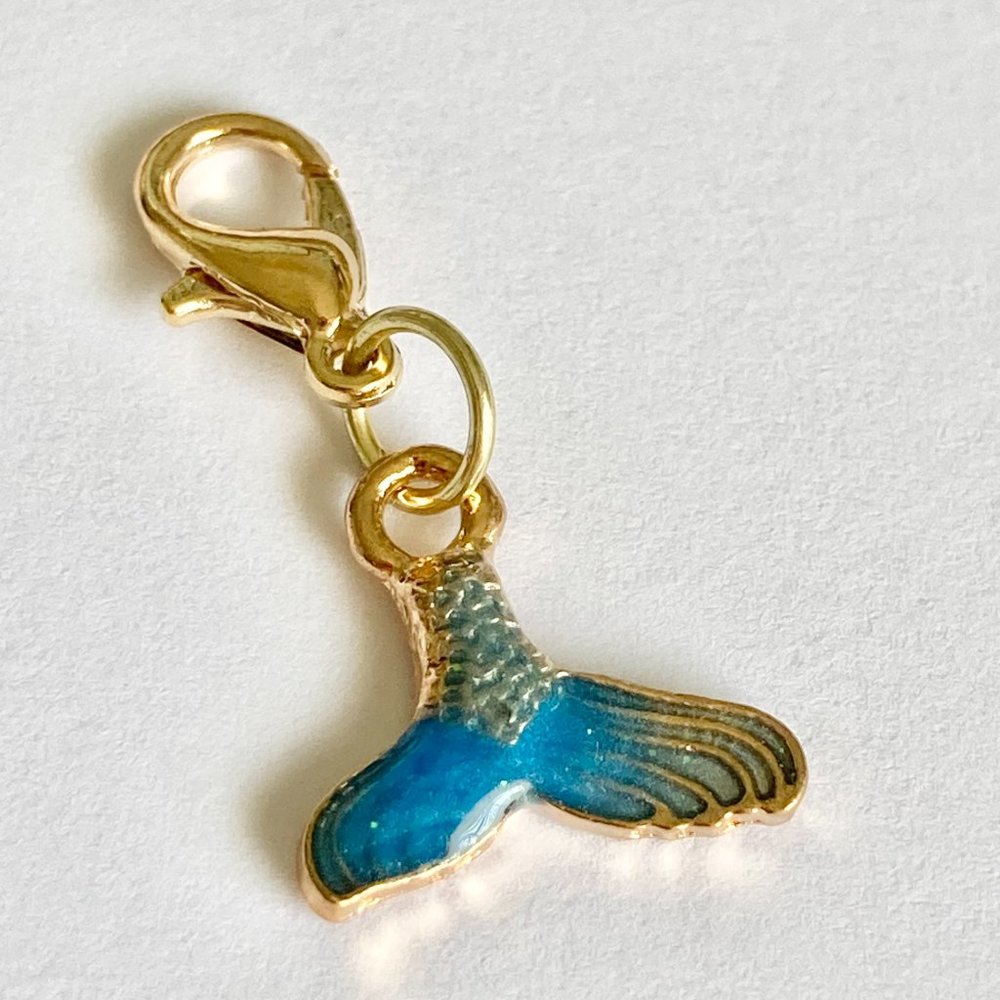 Aqua Blue Mermaid Whale Tail Clip Charm Zipper Pull Gold Plated Nautical Island
